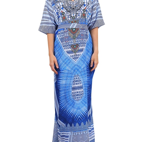 Blue Kaftan-Long Caftan Dress in Blue and White - Picture 1 of 6